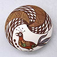 Click for a larger view A polychrome seed pot decorated with a bird, plant, fineline and geometric design
 by Diane Lewis of Acoma