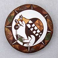 Click for a larger view A polychrome seed pot decorated with a cloudeater, fish, fineline and geometric design
 by Diane Lewis of Acoma
