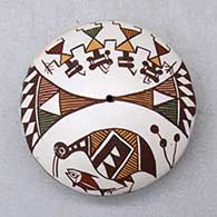 Click for a larger view A polychrome seed pot decorated with a crane, fish, pueblo dancers, fineline and geometric design
 by Diane Lewis of Acoma