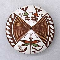 Click for a larger view A polychrome seed pot decorated with a dragonfly, pueblo dancers, fineline and geometric design
 by Diane Lewis of Acoma