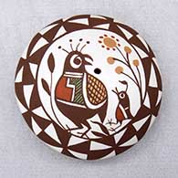 Click for a larger view A polychrome seed pot decorated with a quail, plant and geometric design
 by Diane Lewis of Acoma