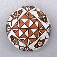 Click for a larger view A polychrome seed pot decorated with a fish and geometric design
 by Diane Lewis of Acoma