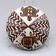 Click for a larger view A polychrome seed pot decorated with a turkey, turtle, basket weave and geometric design
 by Diane Lewis of Acoma