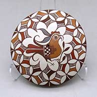 Click for a larger view A polychrome seed pot decorated with a parrot, branch and geometric design
 by Diane Lewis of Acoma