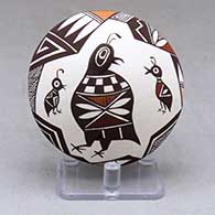 A polychrome seed pot decorated with quail head and lady bug appliques and a painted quail family, lady bug, fineline and geometric design
 by Carolyn Concho of Acoma