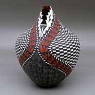 A polychrome jar with a kiva step cut opening and decorated with a checkerboard, fineline and geometric design
 by Sandra Victorino of Acoma