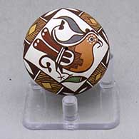 A miniature polychrome seed pot decorated with a parrot, leaf, fineline and geometric design
 by Diane Lewis of Acoma