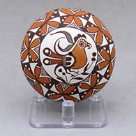 A miniature polychrome seed pot decorated above the shoulder with a parrot, branch, flower and geometric design
 by Diane Lewis of Acoma