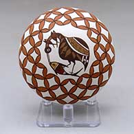 A polychrome seed pot decorated above the shoulder with a cloudeater, fish and geometric design
 by Diane Lewis of Acoma