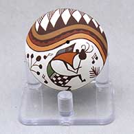 A miniature polychrome seed pot decorated with a kokopelli, plant, rainbow and geometric design
 by Diane Lewis of Acoma
