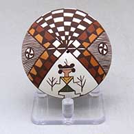 A polychrome seed pot decorated above the shoulder with a Corn Clan ceremonial dancer, fineline, checkerboard and geometric design
 by Diane Lewis of Acoma