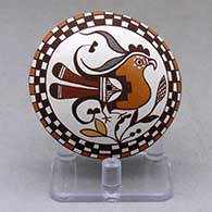A polychrome seed pot decorated above the shoulder with a parrot, branch, checkerboard and geometric design
 by Diane Lewis of Acoma
