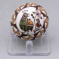 A miniature polychrome seed pot decorated with a quail, branch, flower and geometric design
 by Diane Lewis of Acoma
