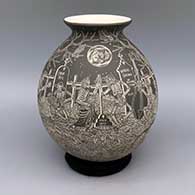 Black and white jar with flared opening and sgraffito Night of the Dead
 by Hector Javier Martinez of Mata Ortiz and Casas Grandes