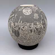 Black and white jar with sgraffito Night of the Dead design
 by Hector Javier Martinez of Mata Ortiz and Casas Grandes