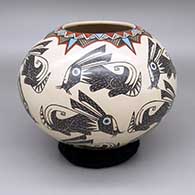 Polychrome jar with a sgraffito and painted rabbit and geometric design
 by Roberto Banuelos of Mata Ortiz and Casas Grandes