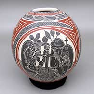 Polychrome jar with a three-panel sgraffito Day of the Dead and geometric design
 by Hilario Quezada Jr of Mata Ortiz and Casas Grandes