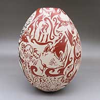 Red-and-black-on-white jar with s graffito wildlife and geometric design and optical illusions, click or tap to see a larger version