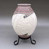 Polychrome jar with a flared opening and a sgraffito, painted, and carved hummingbird, quail, dragonfly, flower, and geometric design
 by Martin Olivas of Mata Ortiz and Casas Grandes