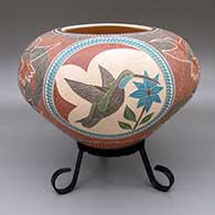 Polychrome jar with a three-panel sgraffito and painted hummingbird, flower, and geometric design
 by Jesus Olivas of Mata Ortiz and Casas Grandes