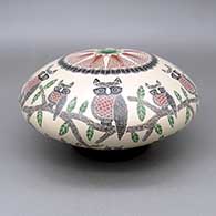 Polychrome jar with a sgraffito and painted owl, branch, and geometric design
 by Oscar Ramirez of Mata Ortiz and Casas Grandes