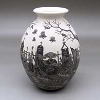 A black-on-white jar with a rolled lip and decorated with a band of sgraffito Day of the Dead at the Cemetery design
 by Hector Javier Martinez of Mata Ortiz and Casas Grandes