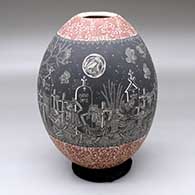 A polychrome jar decorated with a band of black-on-white sgraffito Night of the Dead at the Cemetery design between two bands of sgraffito red-on-white geometric design
 by Hector Javier Martinez of Mata Ortiz and Casas Grandes