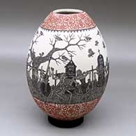 A polychrome jar decorated with a band of black-and-white sgraffito Day of the Dead at the Cemetery design with bands of red-and-white sgraffito geometric design above and below
 by Hector Javier Martinez of Mata Ortiz and Casas Grandes