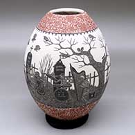 A polychrome jar decorated with a band of black-on-white sgraffito Day of the Dead at the Cemetery design between two bands of sgraffito red-on-white geometric design
 by Hector Javier Martinez of Mata Ortiz and Casas Grandes