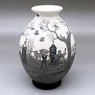 A black-on-white jar with a rolled lip and decorated with a band of black-on-white sgraffito Day of the Dead at the Cemetery design between two bands of sgraffito geometric design
 by Hector Javier Martinez of Mata Ortiz and Casas Grandes