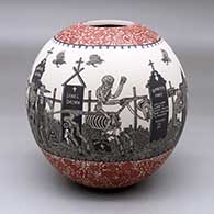 A polychrome jar decorated with a band of black-and-white sgraffito Day of the Dead at the Cemetery design with bands of red-and-white sgraffito geometric design above and below
 by Hector Javier Martinez of Mata Ortiz and Casas Grandes