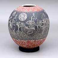 A polychrome jar decorated with a band of black-and-white sgraffito Night of the Dead at the Cemetery under the Rabbit in the Moon design between two bands of red-and-white geometric design
 by Hector Javier Martinez of Mata Ortiz and Casas Grandes