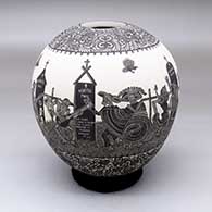 A polychrome jar decorated with a band of sgraffito Day of the Dead at the Cemetery design between two bands of black-on-white geometric design
 by Hector Javier Martinez of Mata Ortiz and Casas Grandes