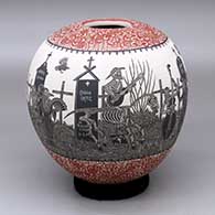 A polychrome jar decorated with a black-and-white band of sgraffito Day of the Dead at the Cemetery design between two bands of red-and-white geometric design
 by Hector Javier Martinez of Mata Ortiz and Casas Grandes