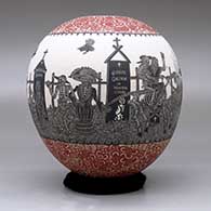 A polychrome jar decorated with a band of sgraffito Day of the Dead at the Cemetery design between two bands of red-on-white geometric design, click or tap to see a larger version