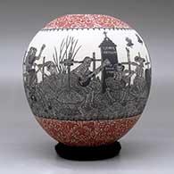 A polychrome jar decorated with a band of sgraffito Day of the Dead at the Cemetery design between two bands of red-on-white geometric design, click or tap to see a larger version