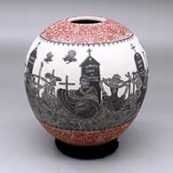 A polychrome jar decorated with a band of sgraffito Day of the Dead at the Cemetery design between two bands of red-on-white geometric design
 by Hector Javier Martinez of Mata Ortiz and Casas Grandes