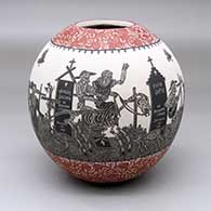 A polychrome jar decorated with a band of black-and-white sgraffito Day of the Dead at the Cemetery design with bands of red-and-white sgraffito geometric design above and below
 by Hector Javier Martinez of Mata Ortiz and Casas Grandes