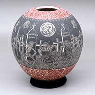 A polychrome jar decorated with a band of sgraffito Night of the Dead at the Cemetery design between two bands of red-on-white geometric design
 by Hector Javier Martinez of Mata Ortiz and Casas Grandes