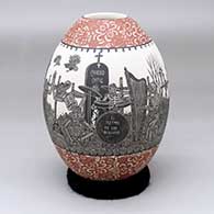 A polychrome jar decorated with a sgraffito Day of the Dead at the cemetery and geometric design
 by Hector Javier Martinez of Mata Ortiz and Casas Grandes