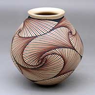 A polychrome jar with a flared lip and decorated with a three-panel swirling fine line and geometric design
 by Pilo Mora of Mata Ortiz and Casas Grandes