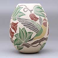 A polychrome jar decorated with a sgraffito-and-painted hummingbird, branch, leaf and flower design, click or tap to see a larger version