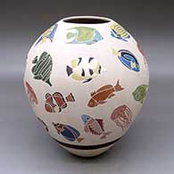 A polychrome jar decorated with a sgraffito tropical fish and jellyfish design
 by Adrian Corona of Mata Ortiz and Casas Grandes