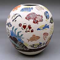 A polychrome jar decorated with a sgraffito-and-painted sea-creatures-and-coral-reef design
 by Adrian Corona of Mata Ortiz and Casas Grandes