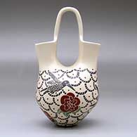 A polychrome wedding vase with square spouts and decorated with a sgraffito and painted hummingbird, flower and geometric design, click or tap to see a larger version