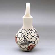 A polychrome wedding vase with square spouts and decorated with a sgraffito and painted hummingbird, flower and geometric design, click or tap to see a larger version