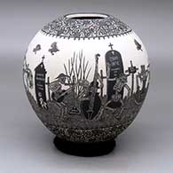 A black and white jar decorated with a sgraffito Day of the Dead at the cemetery and geometric design
 by Hector Javier Martinez of Mata Ortiz and Casas Grandes