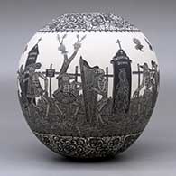 A black and white jar decorated with a sgraffito Day of the Dead at the Cemetery and geometric design, click or tap to see a larger version