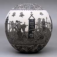 A black and white jar decorated with a sgraffito Day of the Dead at the Cemetery and geometric design, click or tap to see a larger version
