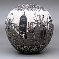 A black and white jar decorated with a sgraffito Day of the Dead at the Cemetery and geometric design, click or tap to see a larger version